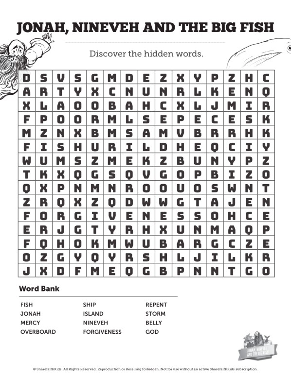 Jonah And The Whale Bible Word Search Puzzles