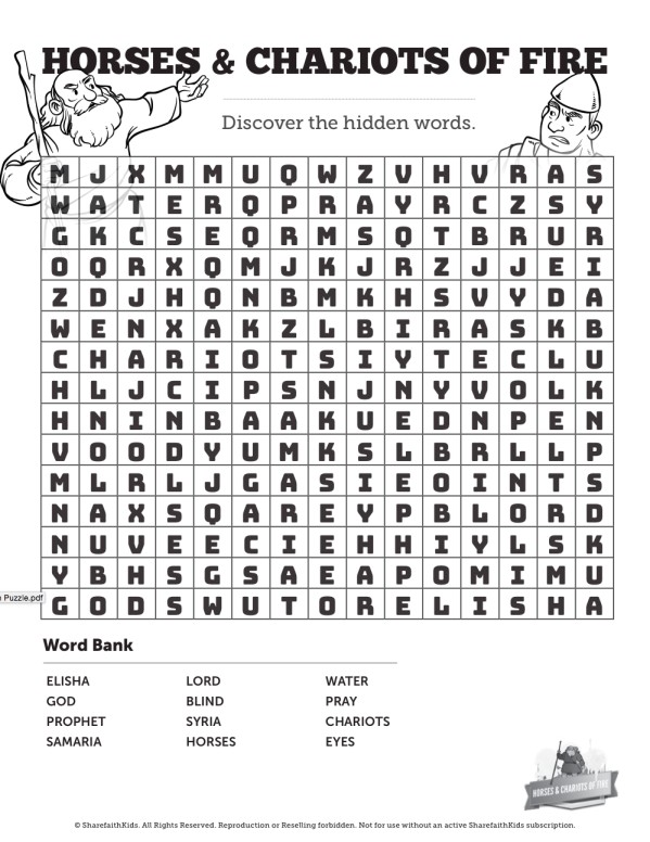 2 Kings 6 Horses and Chariots of Fire Word Search Puzzles