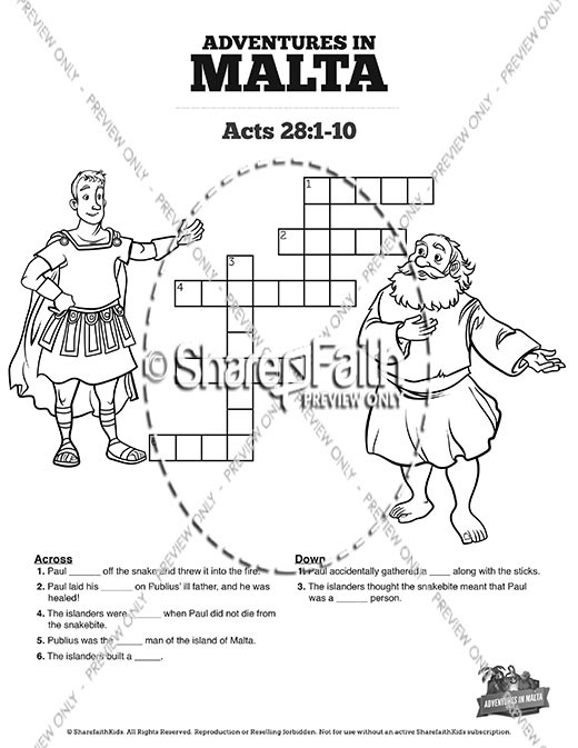 Acts 28 Adventures in Malta Sunday School Crossword Puzzles