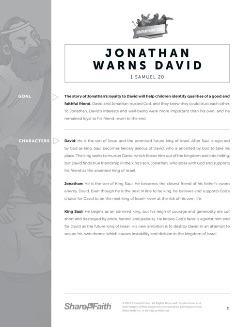 1 Samuel 20 David and Jonathan Sunday School Curriculum