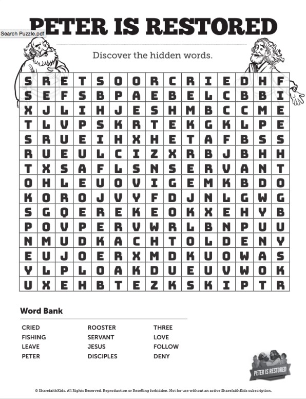 John 21 Peter Is Restored Bible Word Search Puzzle
