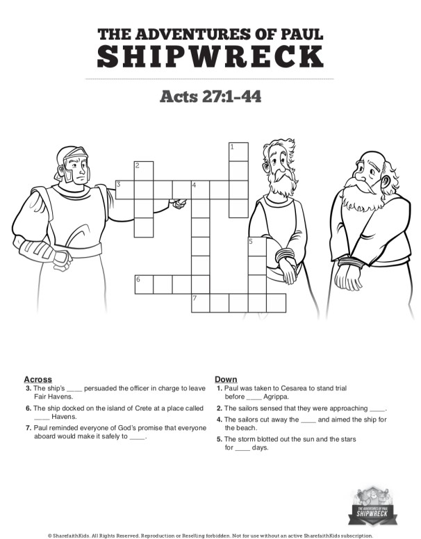 Acts 27 Shipwreck Sunday School Crossword Puzzles
